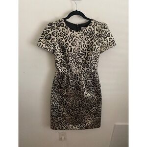 Rachel Parcell Womens Metallic Leopard Jacquard Puff Sleeve Sheath Dress XS Gold
